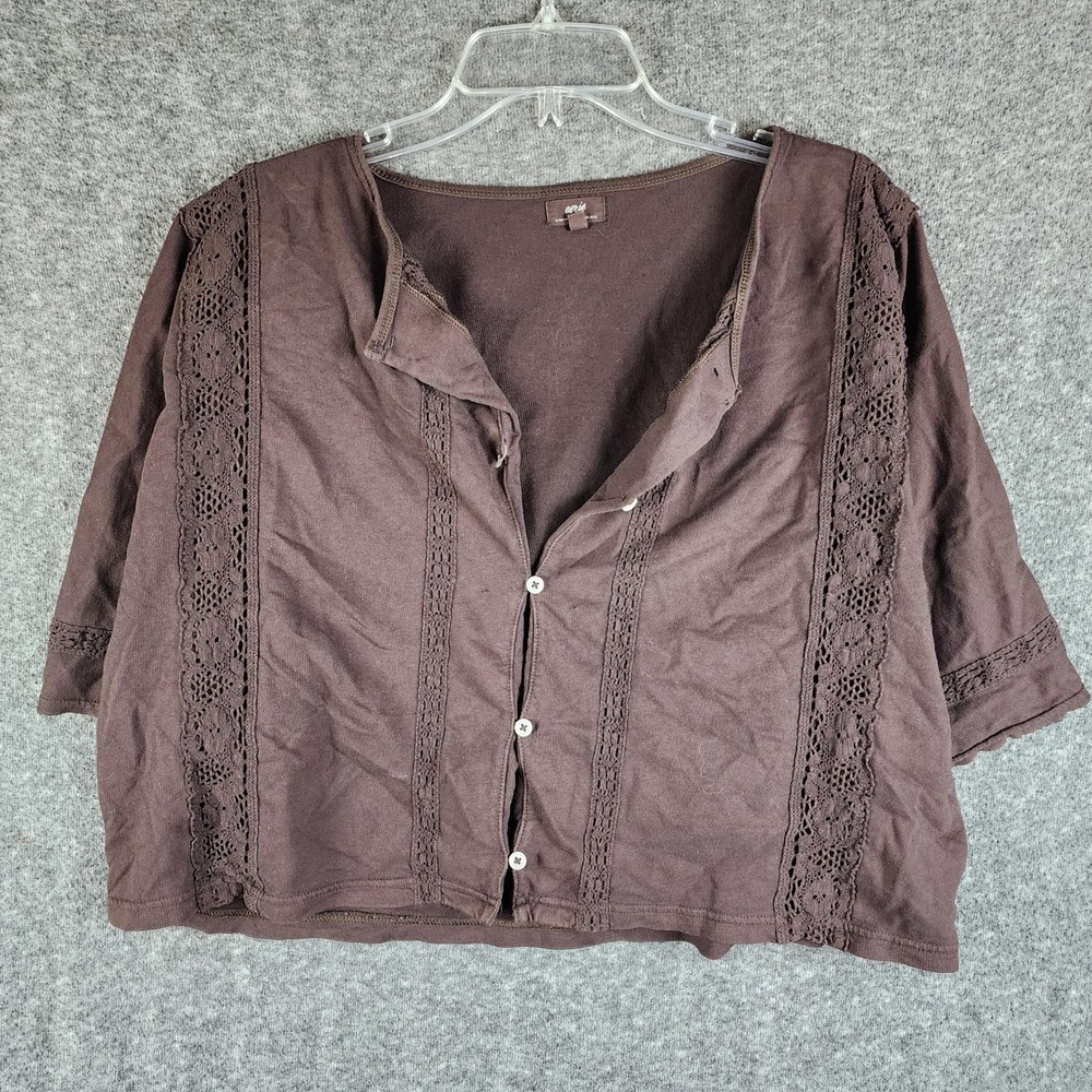 Aerie Top Womens L Brown Short Sleeve Button Front Crochet Lace Trim Boho EUC